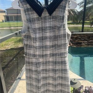 Sleeveless Black & White Plaid Tweed Dress with Contrast Beaded Collar
